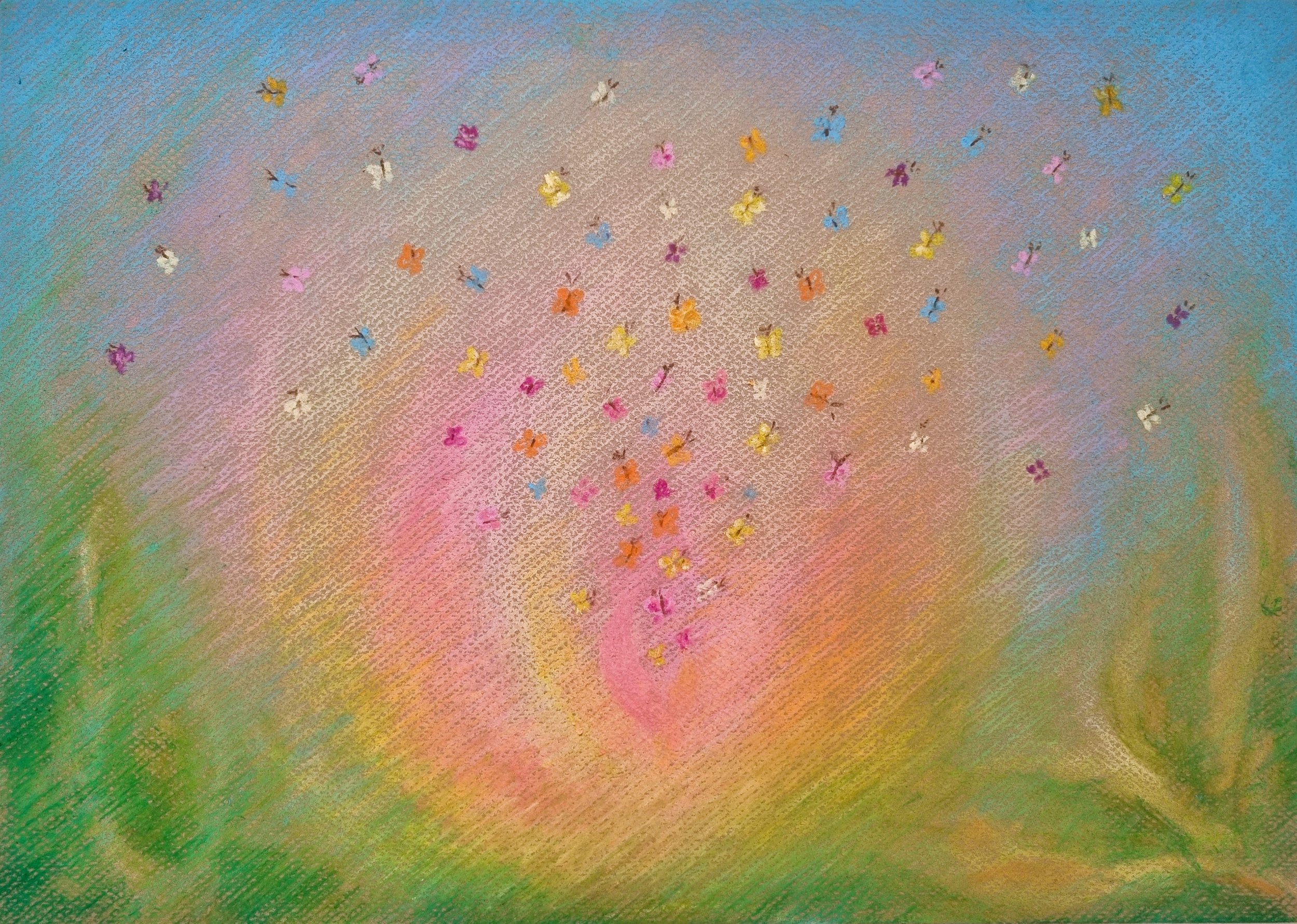 Colorful textured background with small butterfly-shaped confetti scattered across the surface.