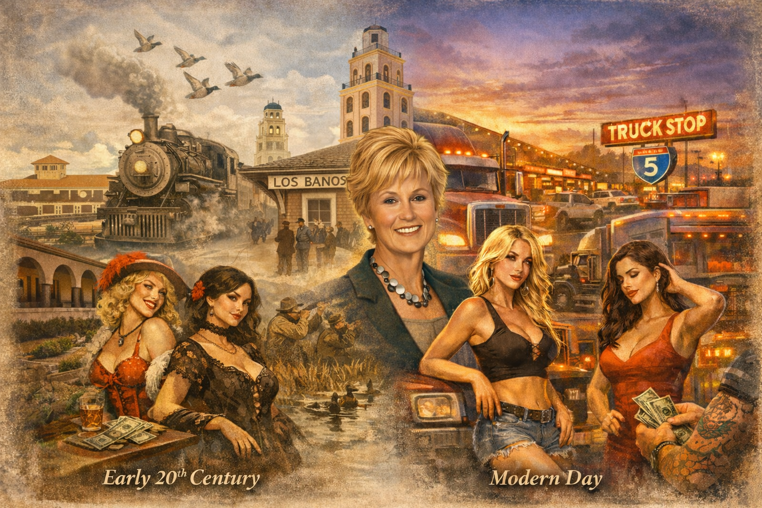 A collage contrasting early 20th-century and modern-day scenes, featuring women in vintage and contemporary clothing, a steam locomotive, military soldiers, trucks, and a cityscape at sunset.
