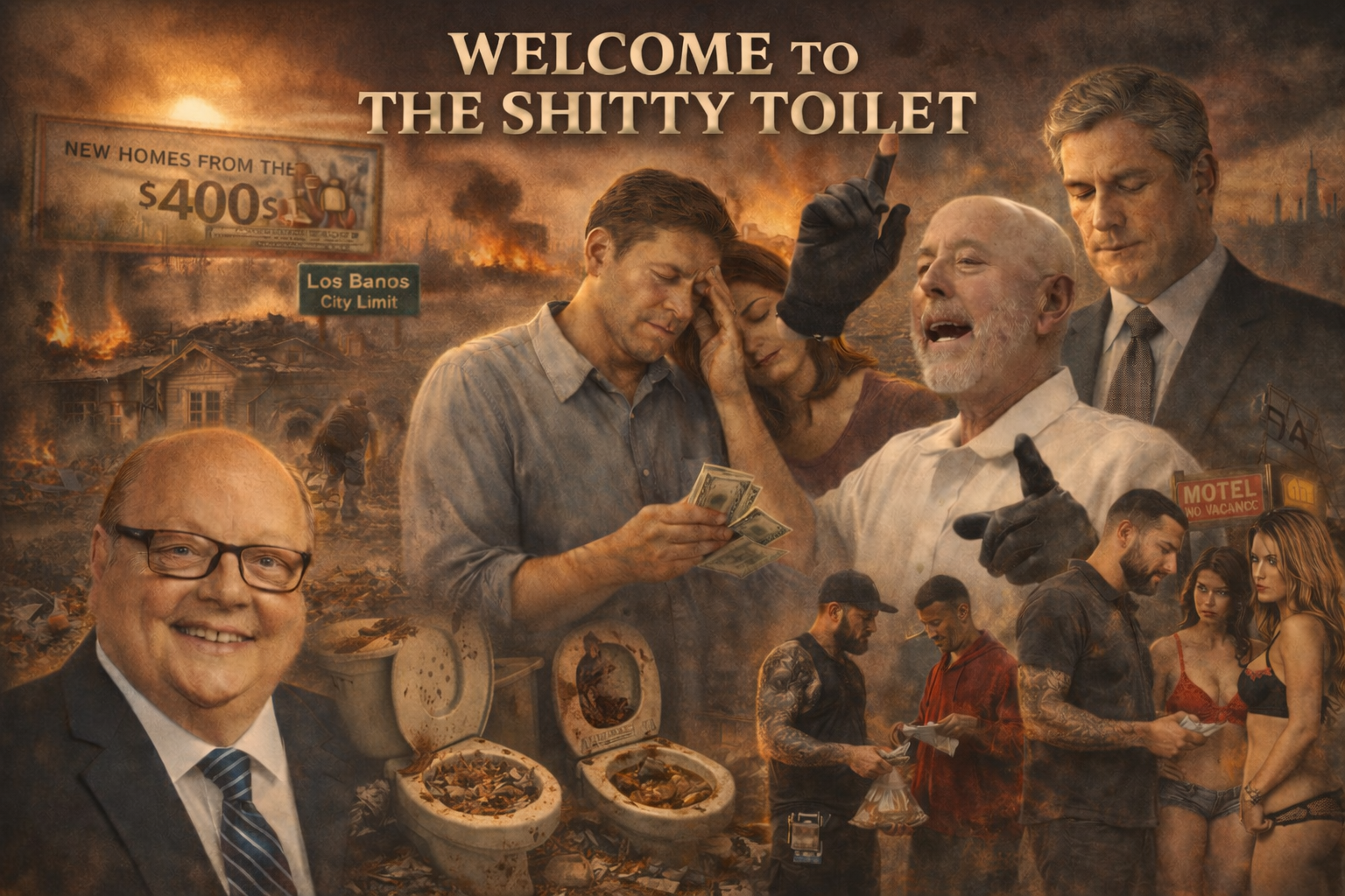 A montage of people and scenes depicting chaos and destruction, with a title reading 'Welcome to the Shitty Toilet'. The background includes burning buildings, billboards, and a sign of Los Banos city limit, along with imagery of dirty toilets and individuals in various situations, some distressed or arguing.