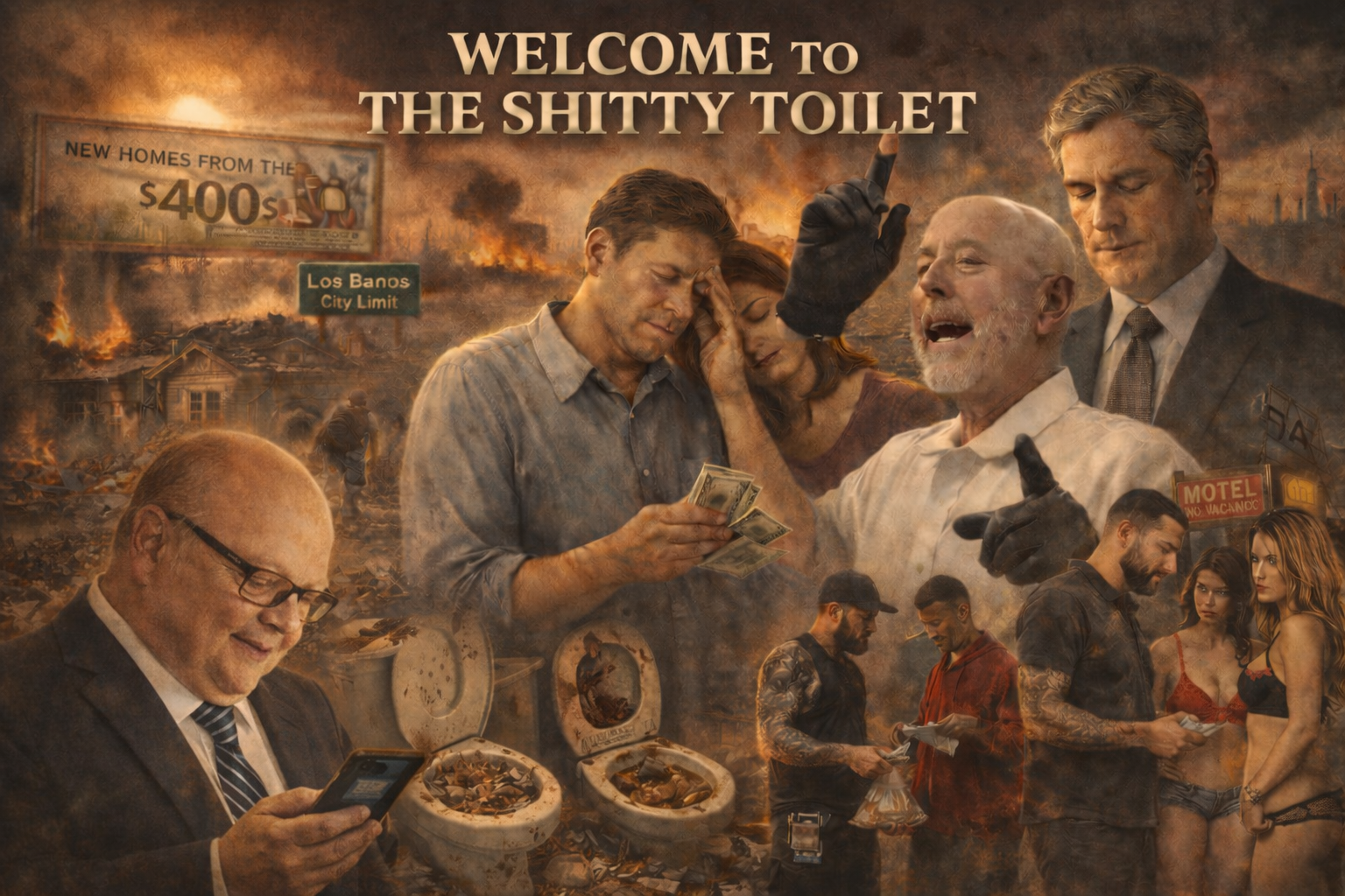 A collage of people in a dystopian landscape with destroyed buildings and fire in the background. Centered is a man with a gray beard speaking passionately, surrounded by other individuals, some holding money or phones. The scene includes a sign saying "Los Banos" and a billboard advertising new homes for $400s, with a motel sign that says "No Vacancy." The top of the image features text that reads "Welcome to The Shitty Toilet."