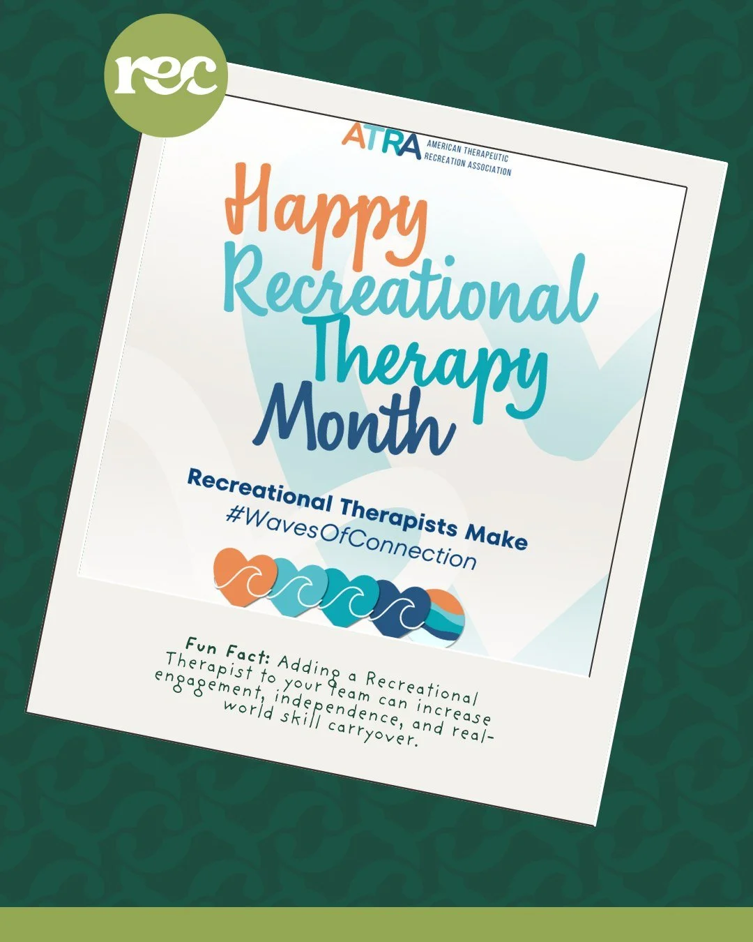 It&rsquo;s Recreational Therapy Month 🎉
Looking to strengthen your support services?
✨ It might be time to get an RT on your team.
📩 DM us or check out our website to learn more.
#RecreationalTherapyMonth #RecLifeLLC #RecTherapyWorks #GetAnRT #ATRA