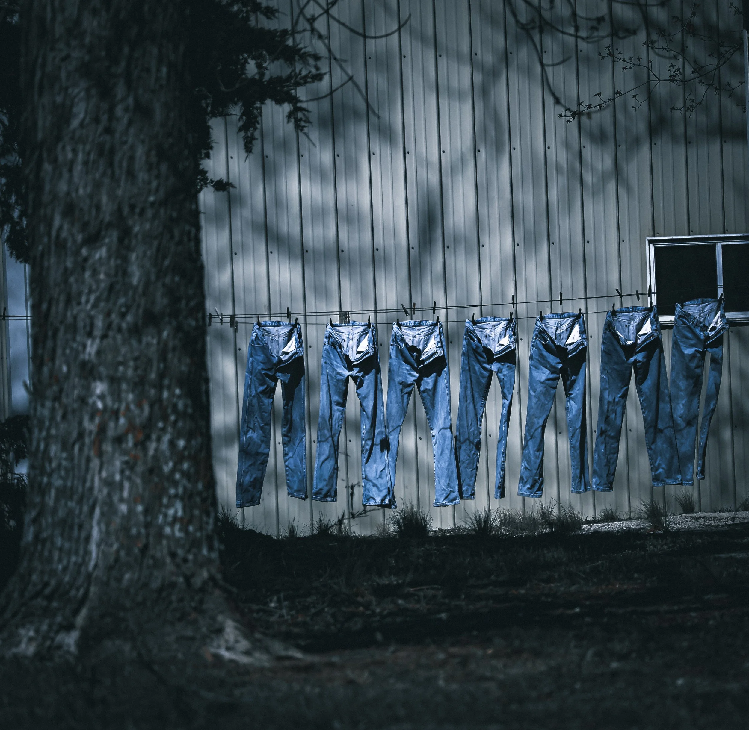 Seven pairs on the line—country life, everyday and well worn.