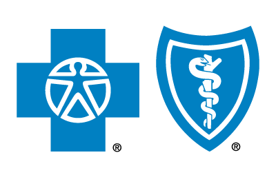 Blue healthcare symbols side by side: a cross with a circle and a badge with a snake and staff emblem.
