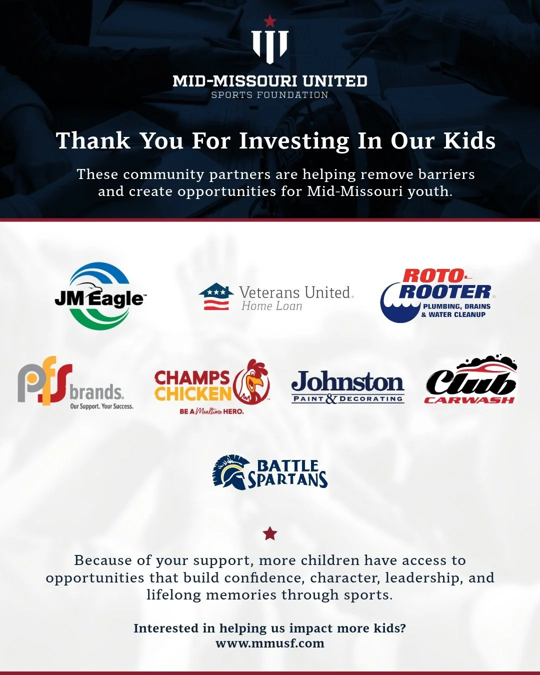 A child's future should never be limited by finances.

Because of these incredible sponsors, more children in Mid-Missouri have the opportunity to learn, grow, compete, and belong.

These businesses aren't just sponsors.

They're mentors.
They're com