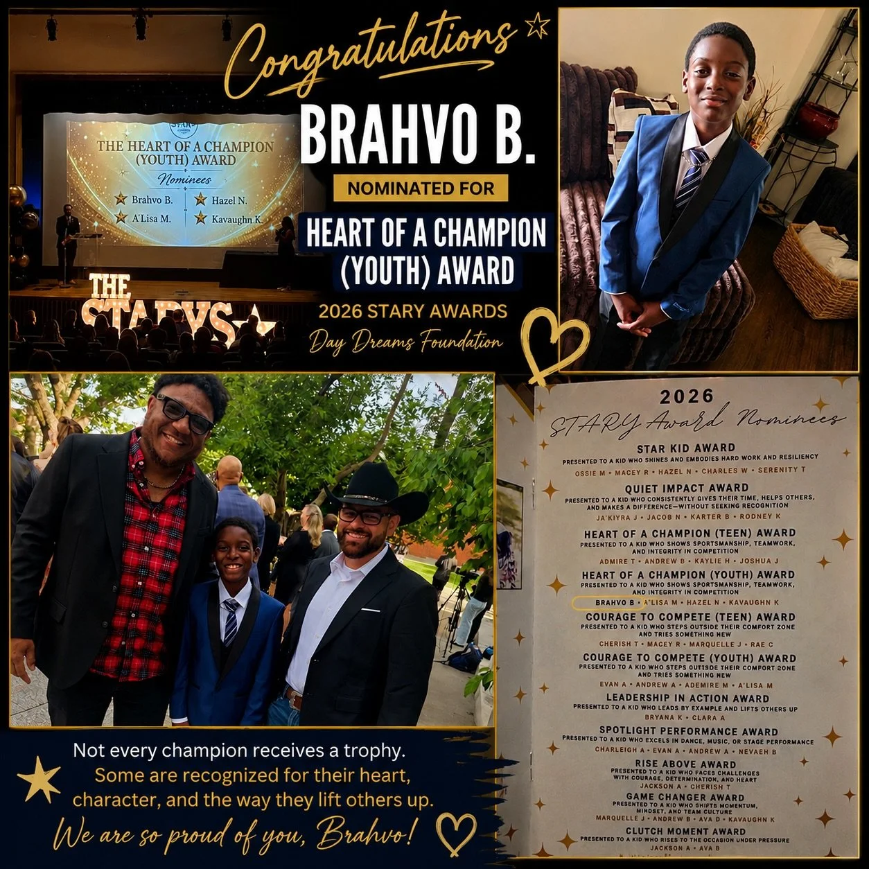 A Proud Moment for Brahvo

Some moments are bigger than wins and losses.

Today, Brahvo B. was recognized as a nominee for the 2026 STARY Awards Heart of a Champion (Youth) Award.

Brahvo consistently demonstrates courage, sportsmanship, teamwork, an