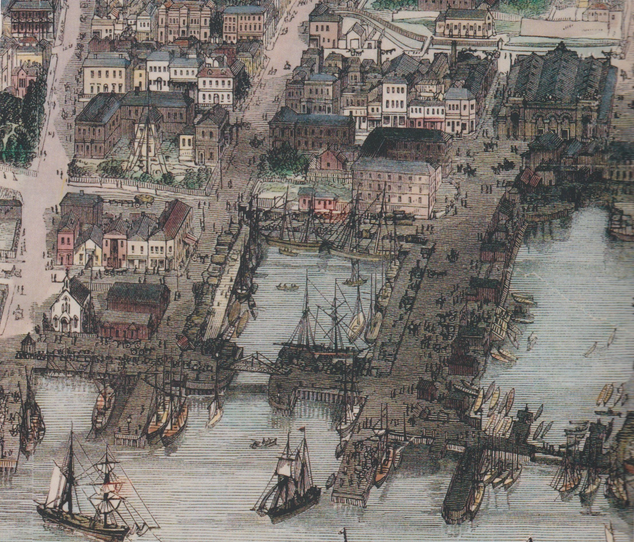 A historical map depicting a busy harbor with ships, docks, and various buildings and streets surrounding the waterfront.