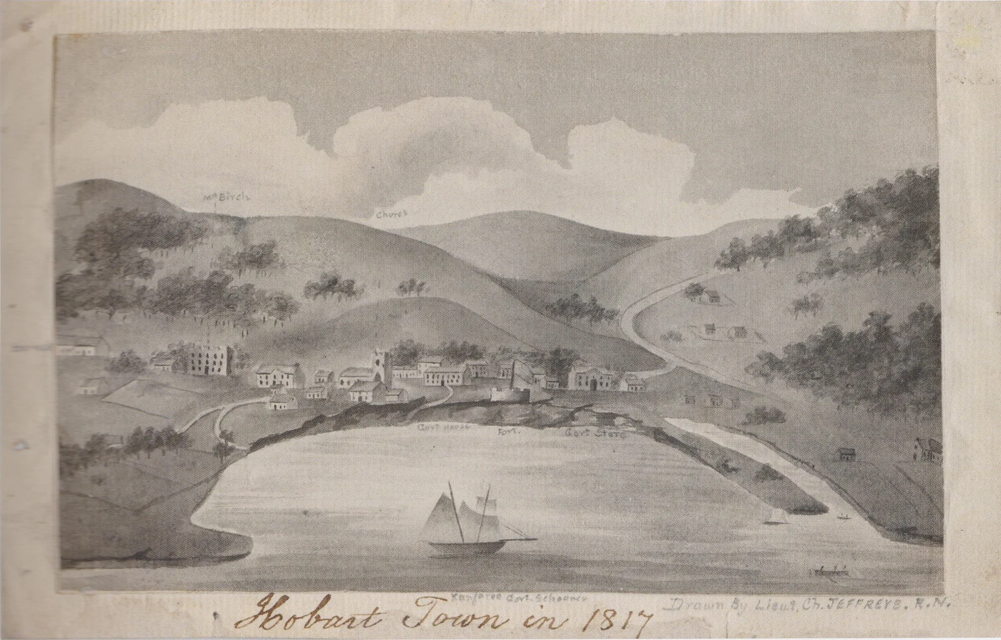 A grayscale illustration of Hobart Town in 1817 showing buildings, hills with trees, a river with a sailing ship, and labels for landmarks such as 'Cape Howe' and 'Cape Grim.'