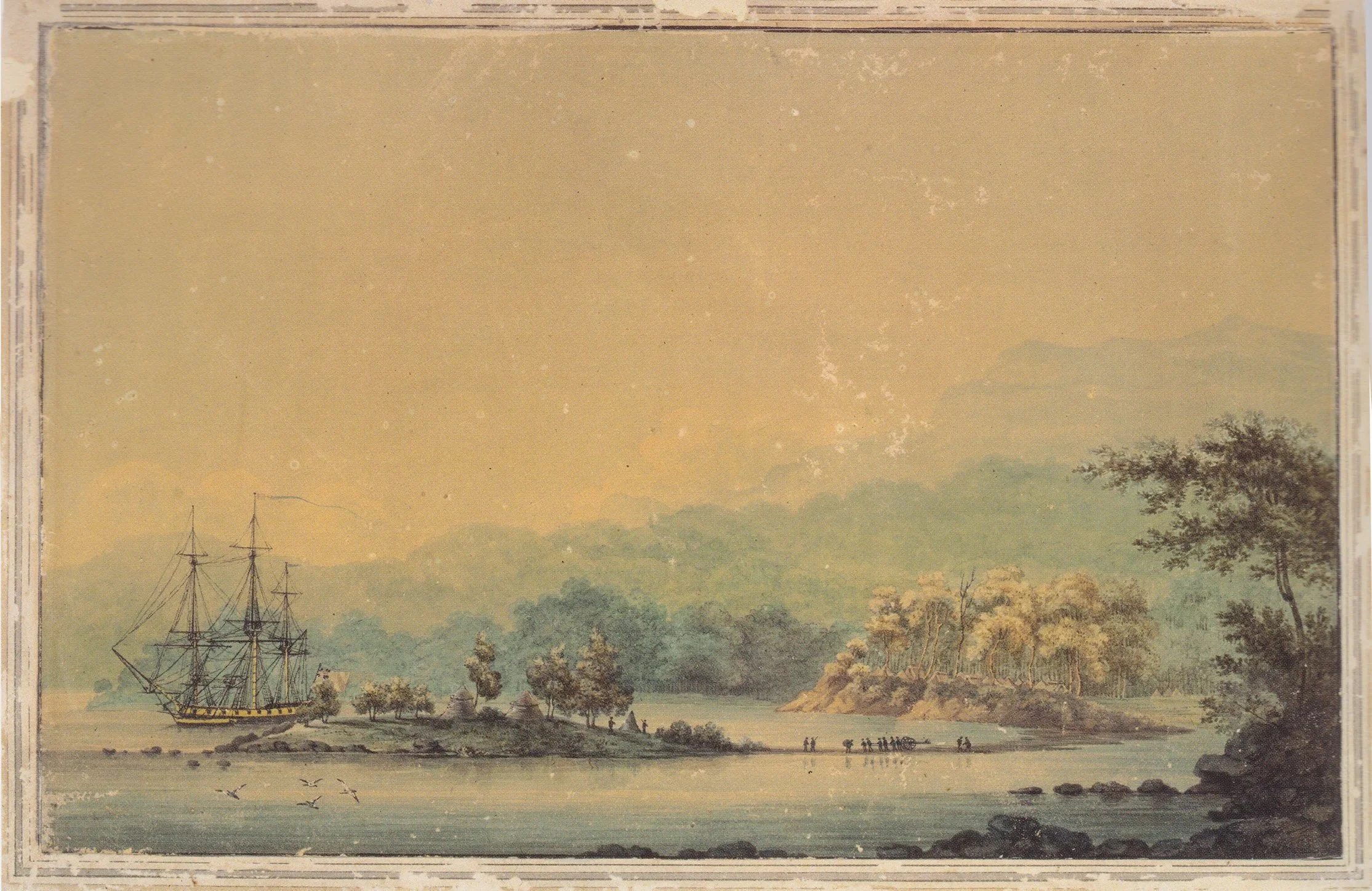 A ship sailing near a riverbank with trees and a small group of people in the distance, under a cloudy sky.