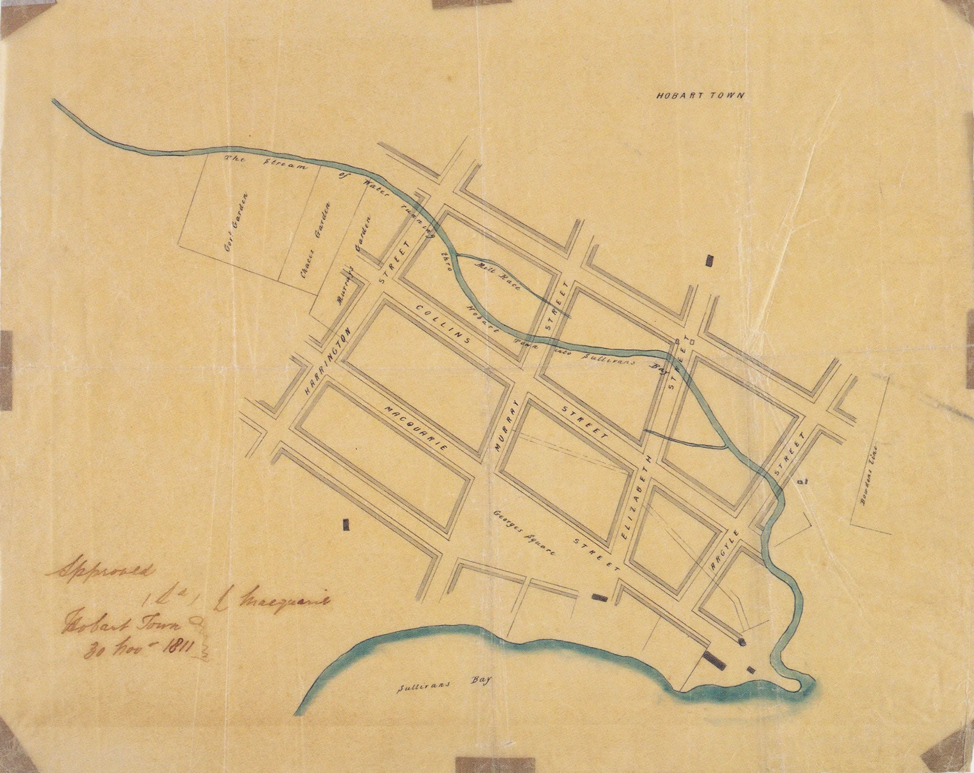 Historical map of Hobart Town from 1811 showing streets, a river, and Sullivans Bay.