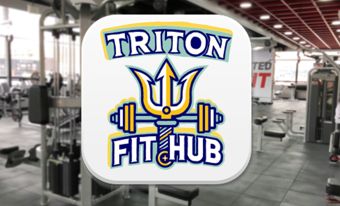 An image of a gym with a Triton Fit Hub application logo overlay.