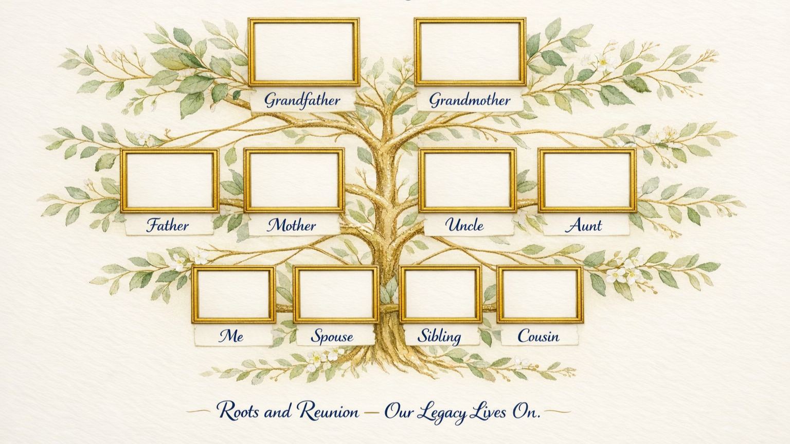 Family tree diagram with blank photo frames labeled for grandparents, parents, children, and relatives, depicting roots and reunion theme.