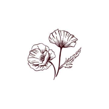 A simple line drawing of two flowers with leaves on a black background.