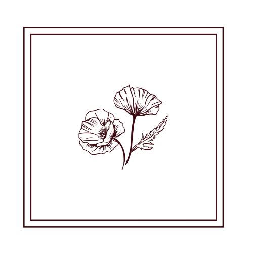 A minimalist drawing of poppy flowers on a black background, framed by a double-bordered square outline in red.