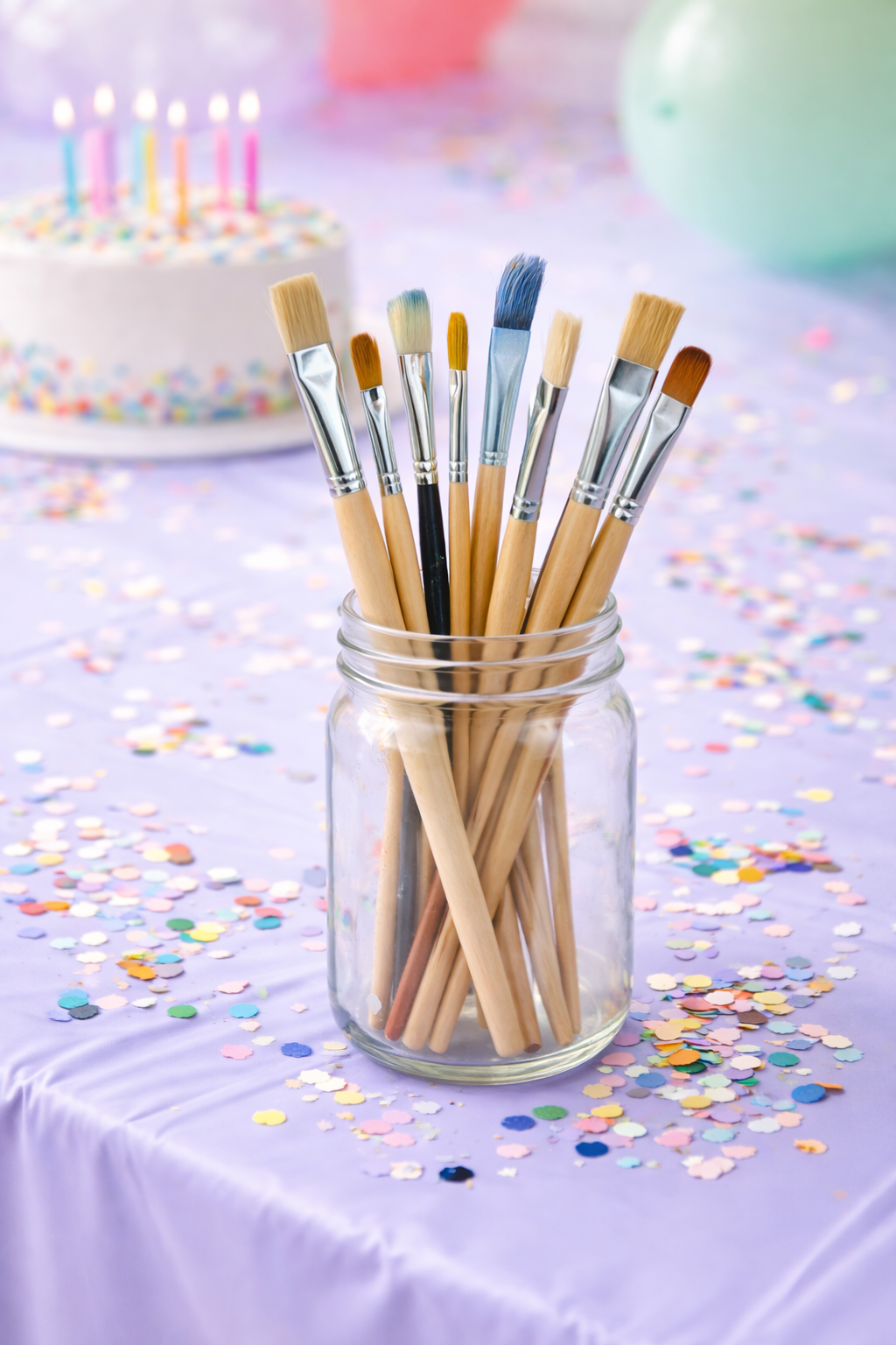 A glass jar with paintbrushes on a table covered with pastel purple cloth and scattered colorful confetti, with a blurred birthday cake with lit candles and balloons in the background.