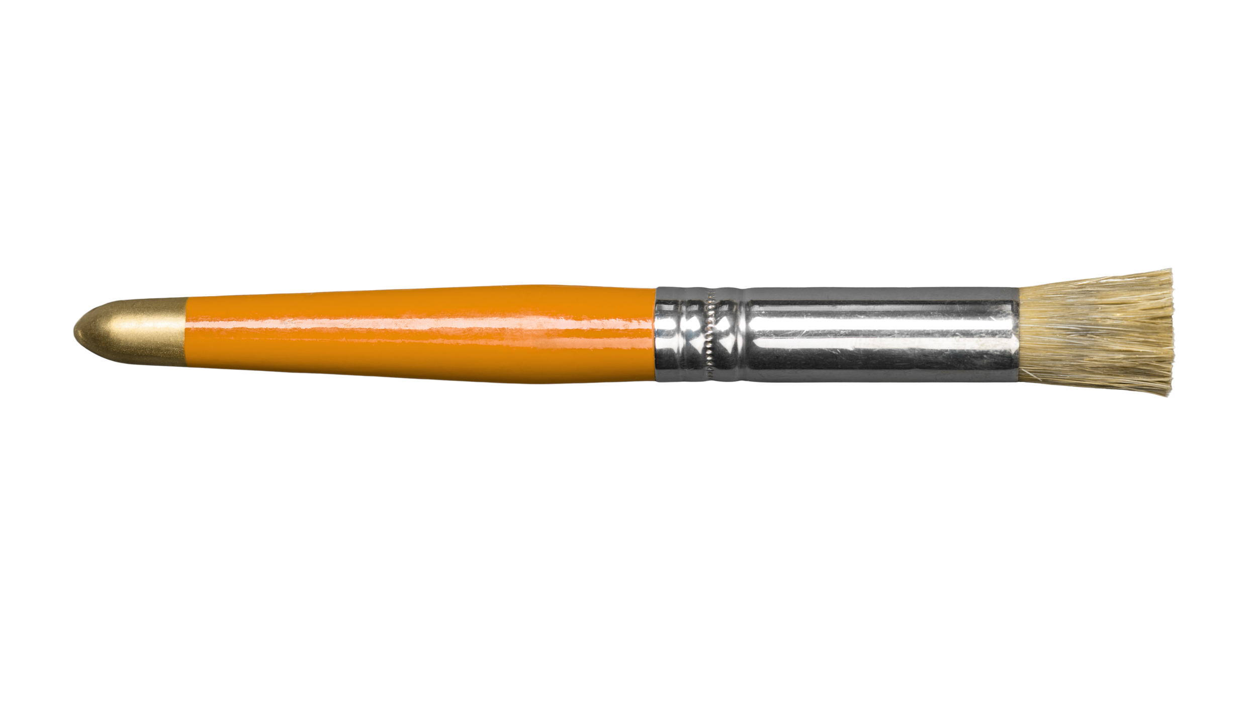 A paintbrush with an orange handle, metallic ferrule, and beige bristles.