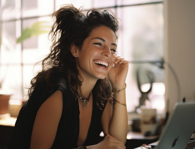 A young woman with curly hair is smiling and laughing while sitting at a desk with a laptop in front of her. She is in a bright indoor space with large windows and plants in the background.