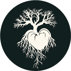 small heart root icon on deep navy blue circle background