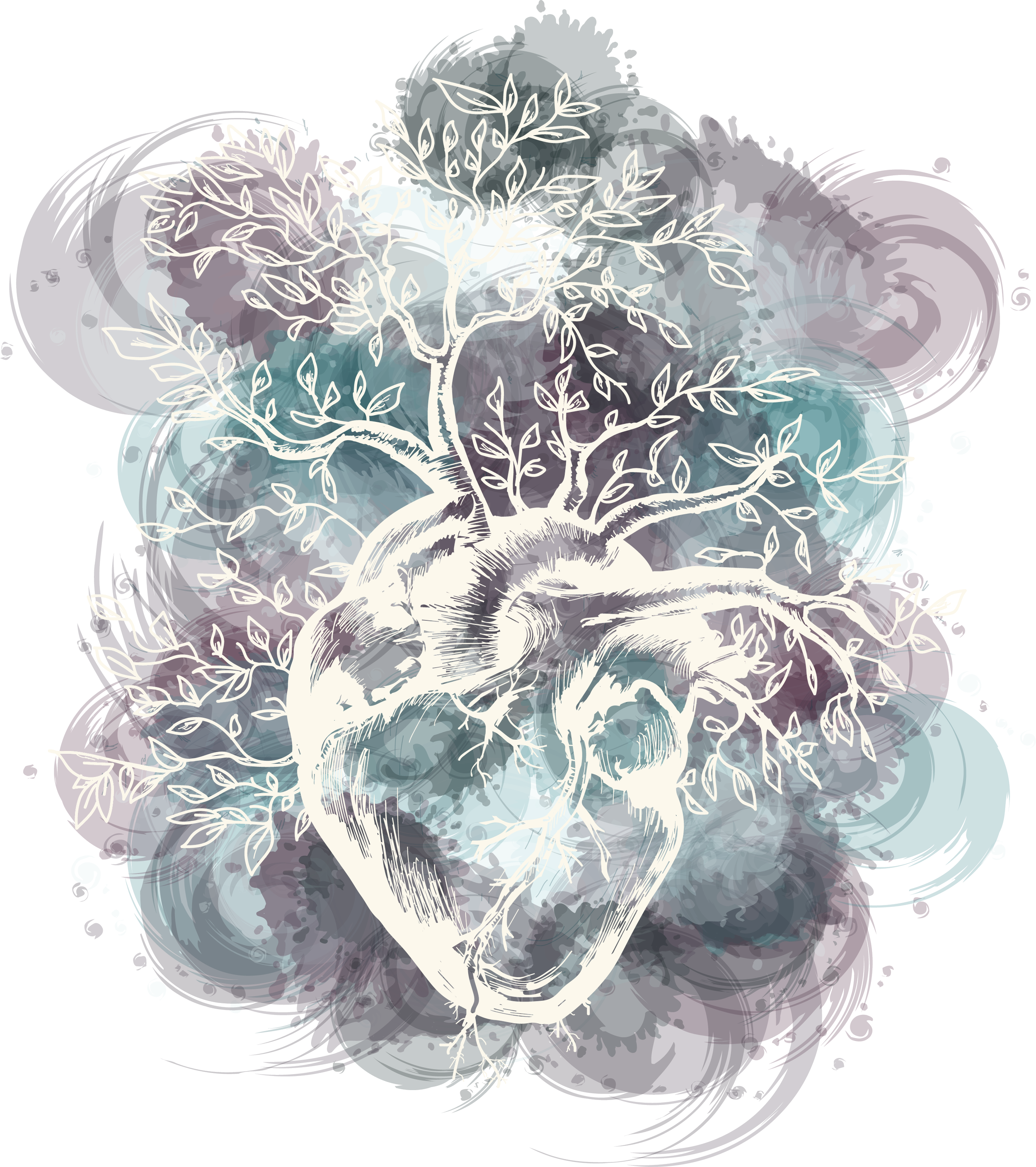 purple, blue, grey swirling background with cream colored anatomical heart with branches and leaves illustration on top