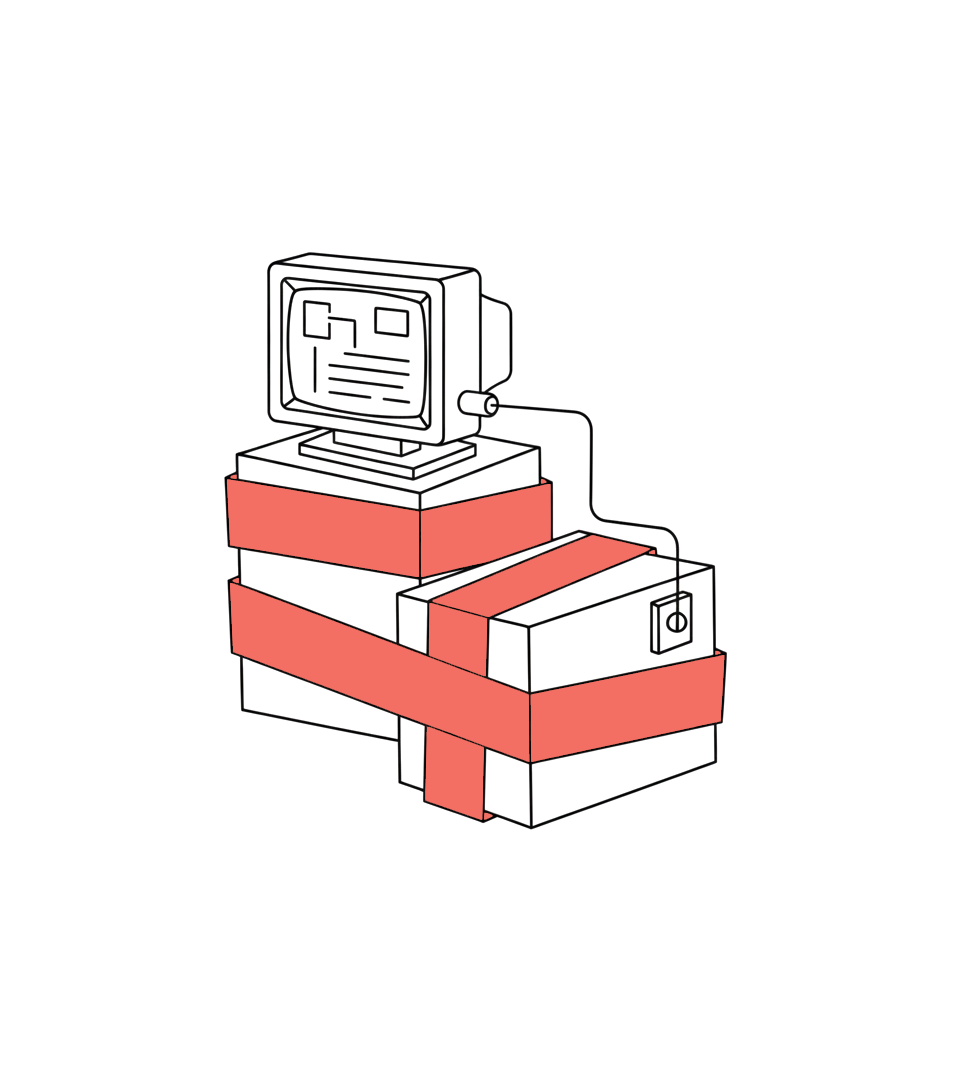 A line drawing of an old computer on a desk, surrounded by stacked boxes wrapped in duct tape, and a cord plugged into an electrical outlet.