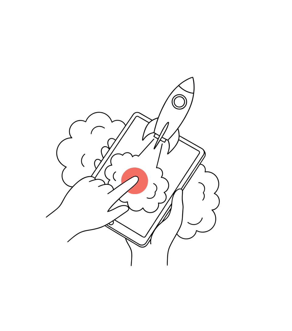 A line drawing of a hand touching a red circle on a ipad screen with a rocket launching from the device and smoke surrounding it.