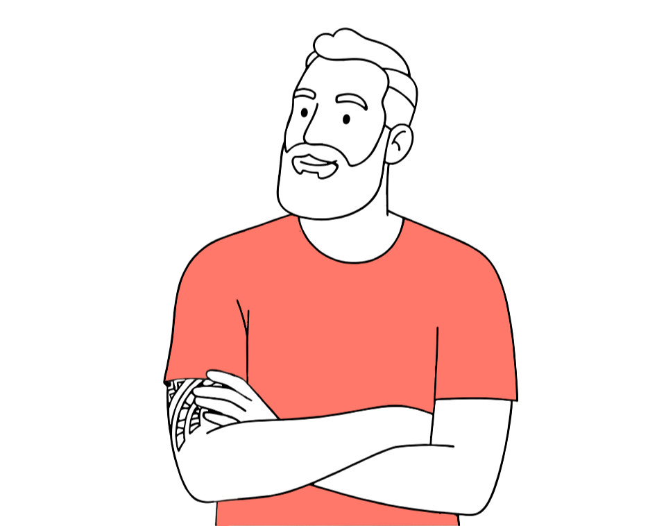 Illustration of Lee, man with a beard, short hair, wearing a red t-shirt, with arms crossed and smiling.