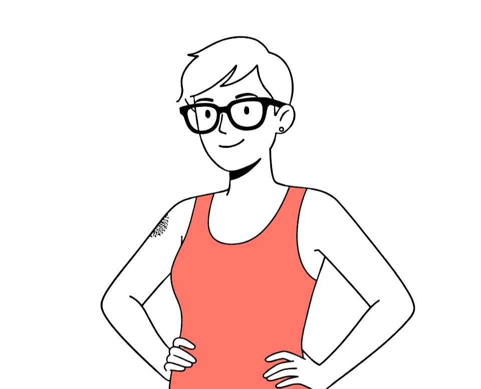 Illustration of Nic, woman with short hair, glasses, and a small earring wearing a sleeveless coral top, standing with her hands on her hips.