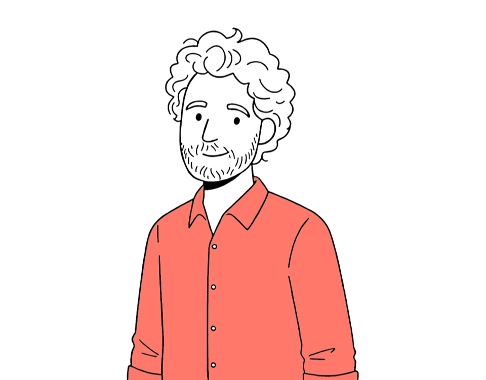Illustration of Ben, man with curly hair and a beard, wearing a coral-colored button-up shirt.