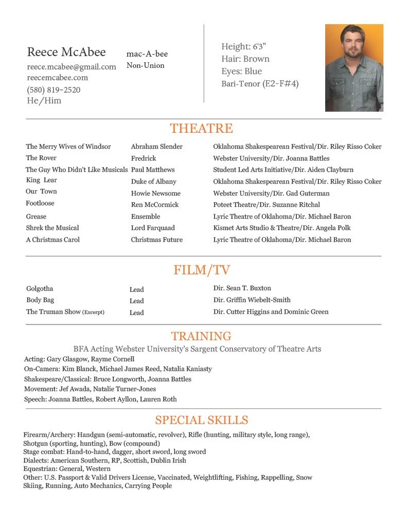 Image of a resume for Reece McAbee including personal information, contact details, physical description, and sections listing theater, film/TV, training, and special skills.