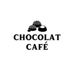 Logo for Chocolat Café featuring stylized chocolate pieces and coffee beans.