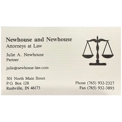 Business card for Newhouse and Newhouse Attorneys at Law with law firm name, attorney Julie A. Newhouse, email, address, phone, and fax, and a scale of justice icon.