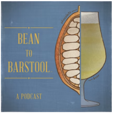 Graphic design with a bean plant and a beer glass, with the text 'Bean to Barstool, a podcast'
