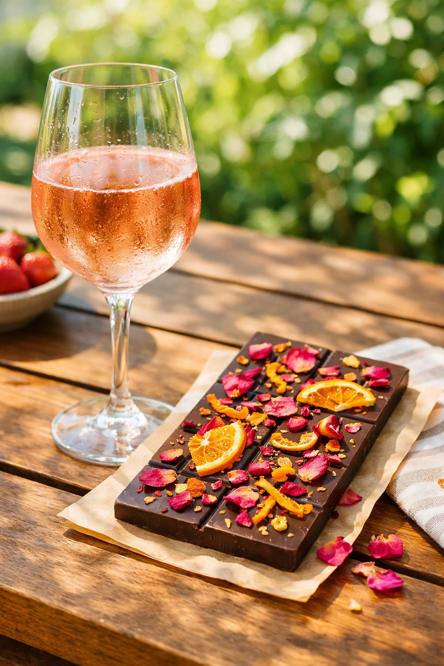 glass of rosé wine with bar with inclusions