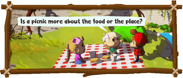 Two animals and a girl having a picnic on a red and white checkered blanket outdoors, with a question about whether a picnic is more about the food or the place.