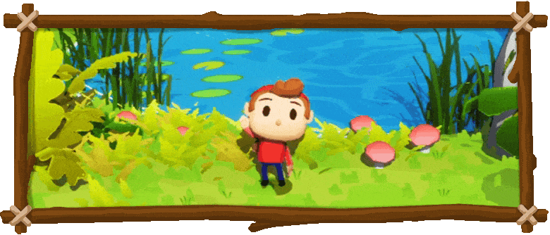 Cartoon child standing near a pond with green plants and pink mushrooms.