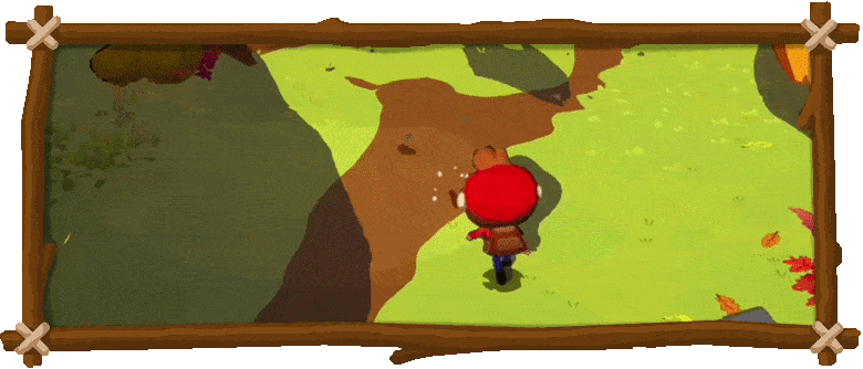Cartoon scene with a character walking on a grassy path surrounded by trees and colorful fallen leaves.