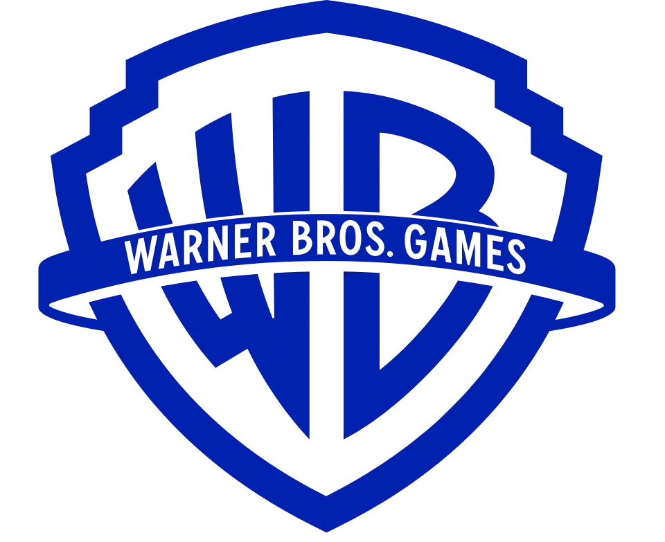 Warner Bros. Games logo in blue with a shield design and the text "WARNER BROS. GAMES"