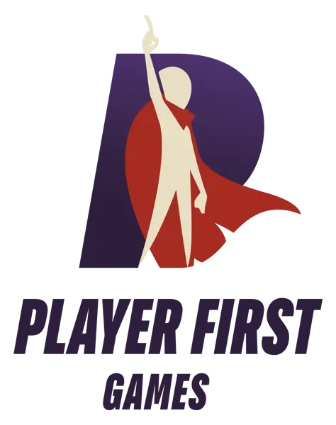 A superhero figure with a cape in front of a purple and orange background, with the text 'Player First Games' below.
