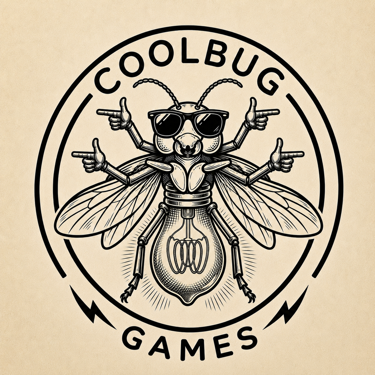A stylized insect with sunglasses and multiple arms pointing in different directions, inside a circular logo with the text "Coolbug Games".