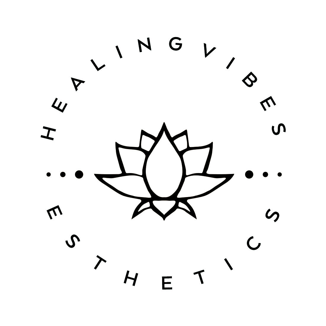 A logo with a lotus flower in the center and the text 'Healing Vibes' above and 'Esthetic' below, arranged in a circle.