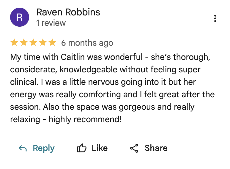 Screenshot of a five-star review by Raven Robbins praising Caitlin's care, professionalism, and relaxing space.