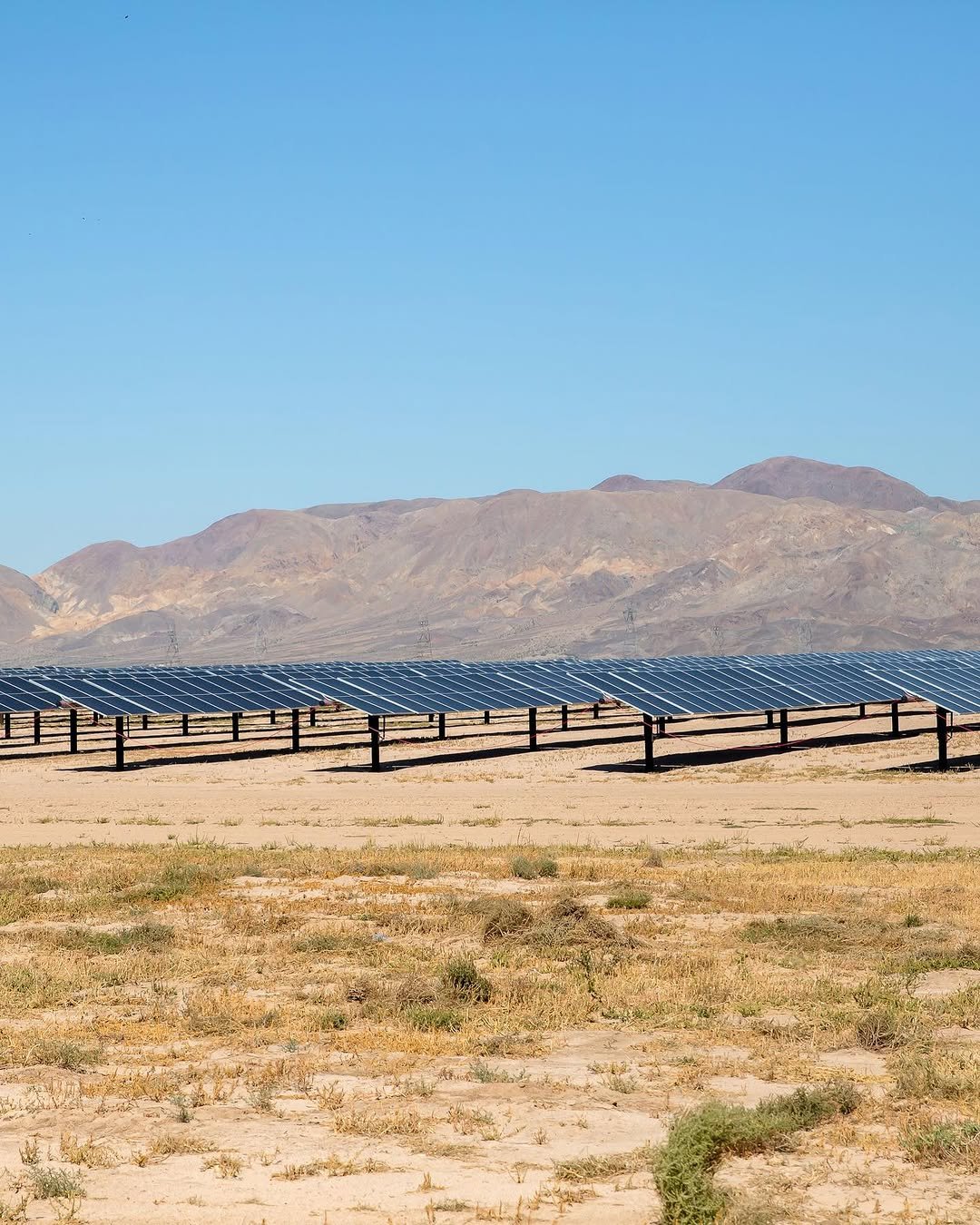 A solar farm with rows of solar panels in a desert landscape with mountains in the background under a clear blue sky.