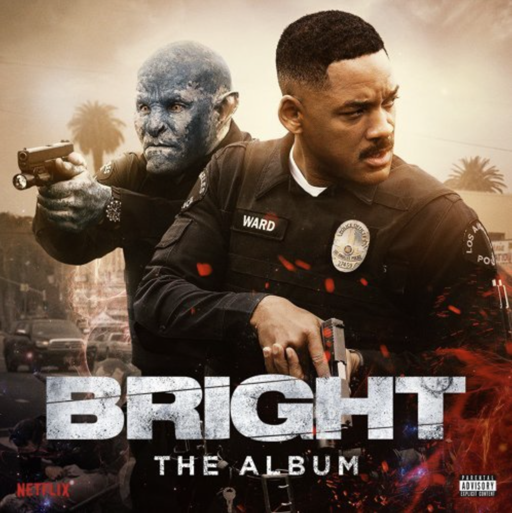 A movie poster showing two police officers, one with a burned face aiming a gun, and the other with short hair, holding a gun, with explosions and palm trees in the background. The title 'BRIGHT THE ALBUM' is displayed at the bottom.