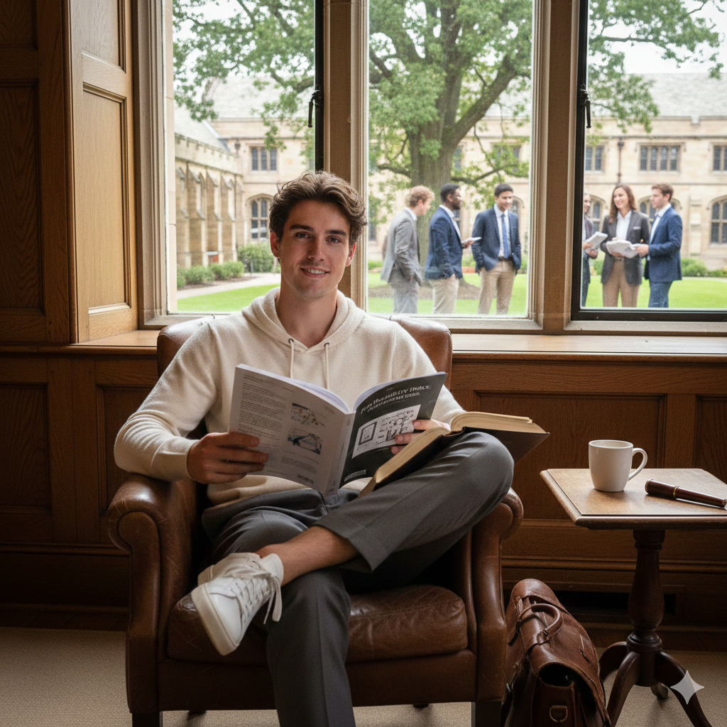 A young man sitting in a leather armchair inside a room, reading a book and smiling at the camera. Outside the window, six people are standing on a lawn, engaged in conversation.