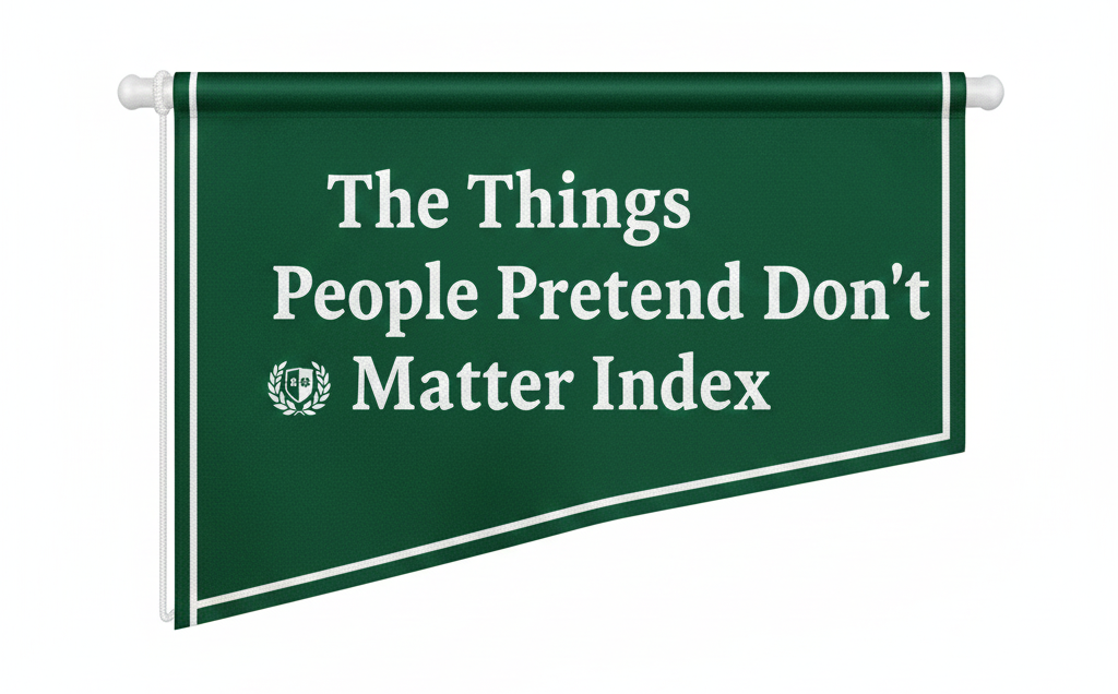 Green sign with white text that reads 'The Things People Pretend Don’t Matter Index.'