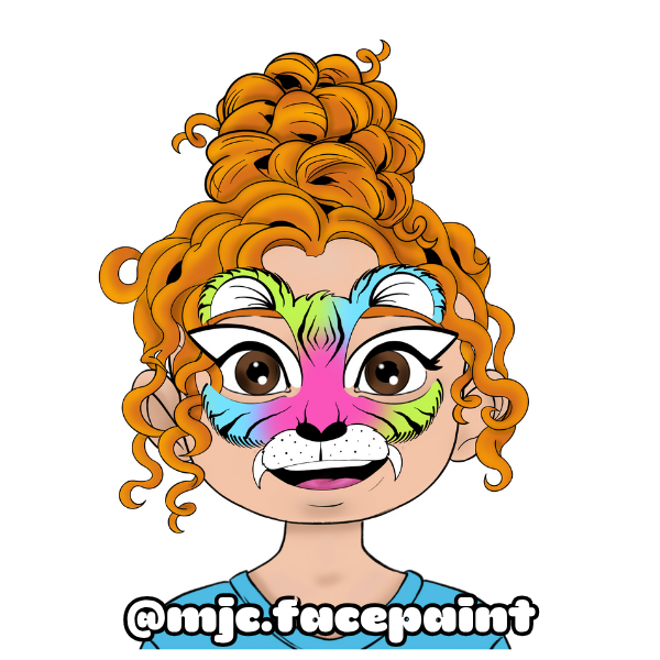 Cartoon girl with curly orange hair and face painted like a colorful tiger, wearing a blue top.