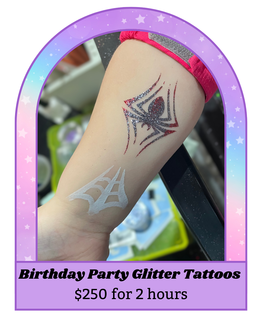 A person's arm with a glitter tattoo and face paint a glitter spider web and a metallic silver spider web design, on a birthday party themed background. Glitter tattoo birthday parties in Vancouver BC $250 for 2 hours. 