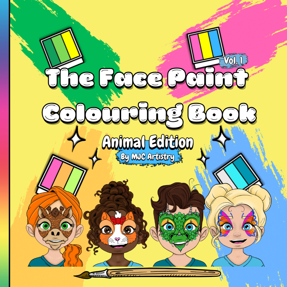 Colorful children's coloring book cover titled 'The Face Paint Colouring Book, Animal Edition by MJC Artistry'. Four children with animal face paint and masks are featured at the bottom, each smiling. The background has vibrant paint strokes in green, yellow, pink, and blue, with small sparkle illustrations.