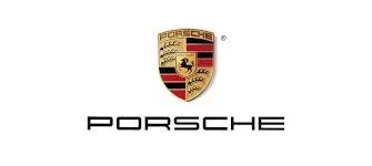 Porsche logo featuring a shield with a black horse, red and black stripes, and the word 'Porsche' above.