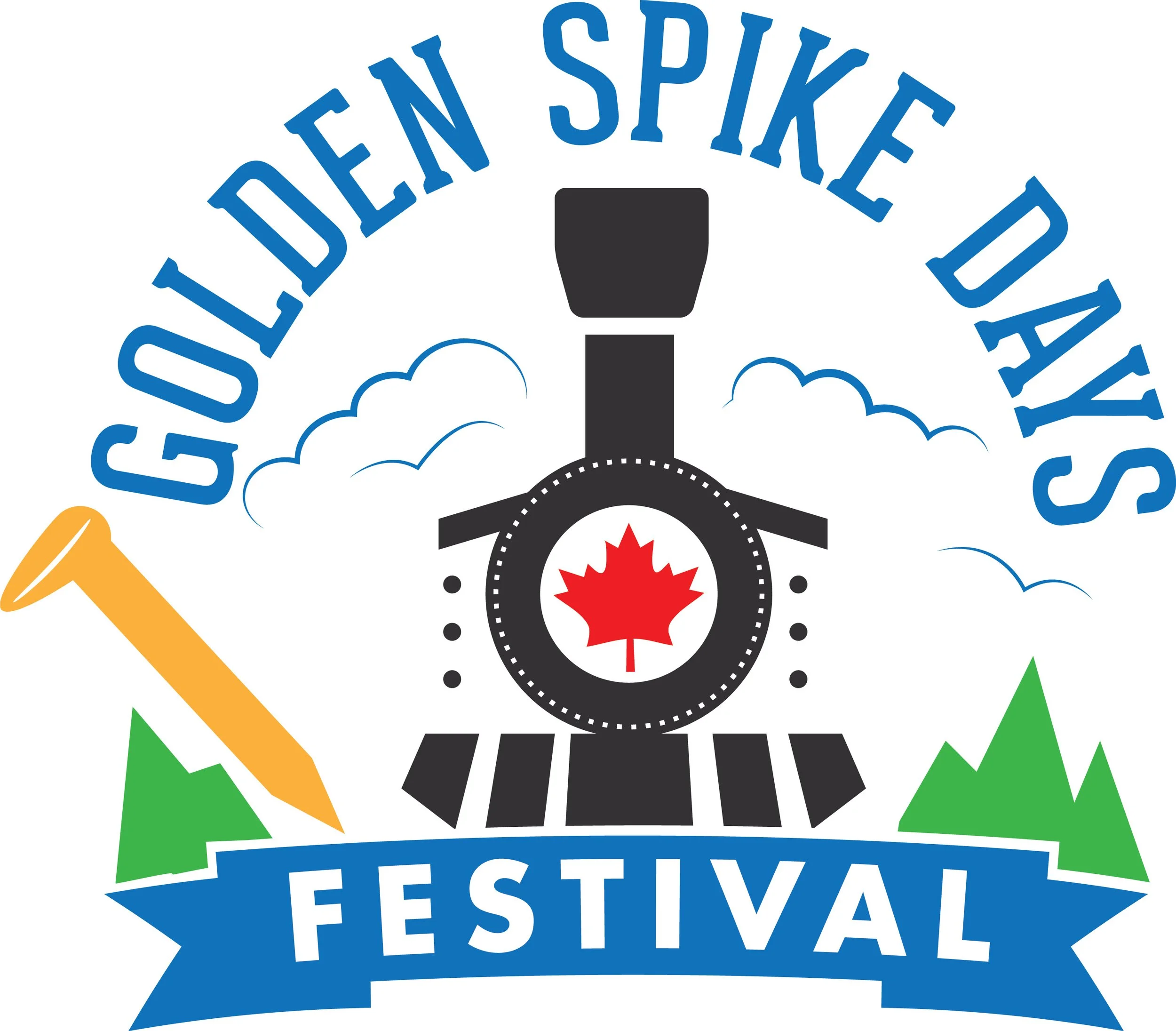 Logo for the Golden Spike Days Festival featuring a black steam train with a red maple leaf in the center, a yellow axe, green trees, blue and white text, and clouds in the background.