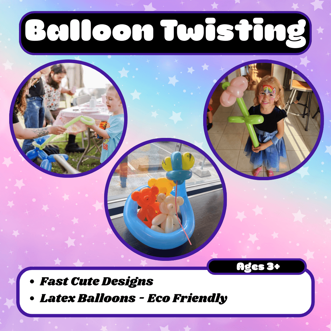 A colorful flyer advertising balloon twisting services for children's parties, featuring photos of children with balloon creations, star graphics, and a review praising the service.